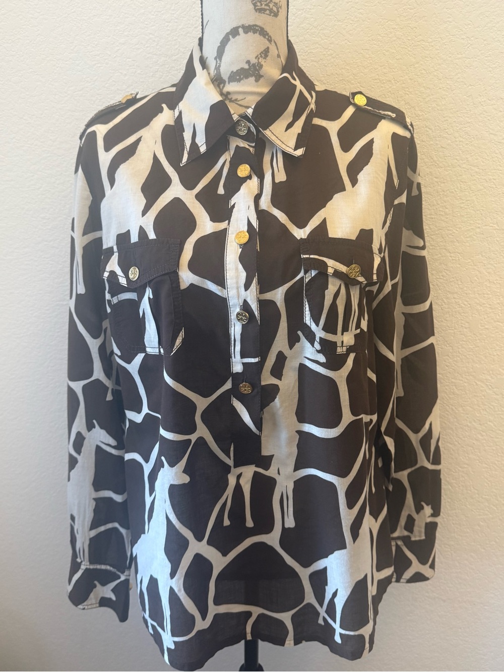 Tory Burch Brown and White Giraffe Cotton Dress Top with Logo Tag